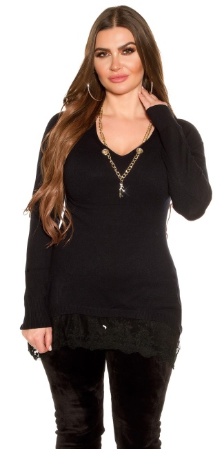 Curvy girls size pullover met ketting & kant zwart